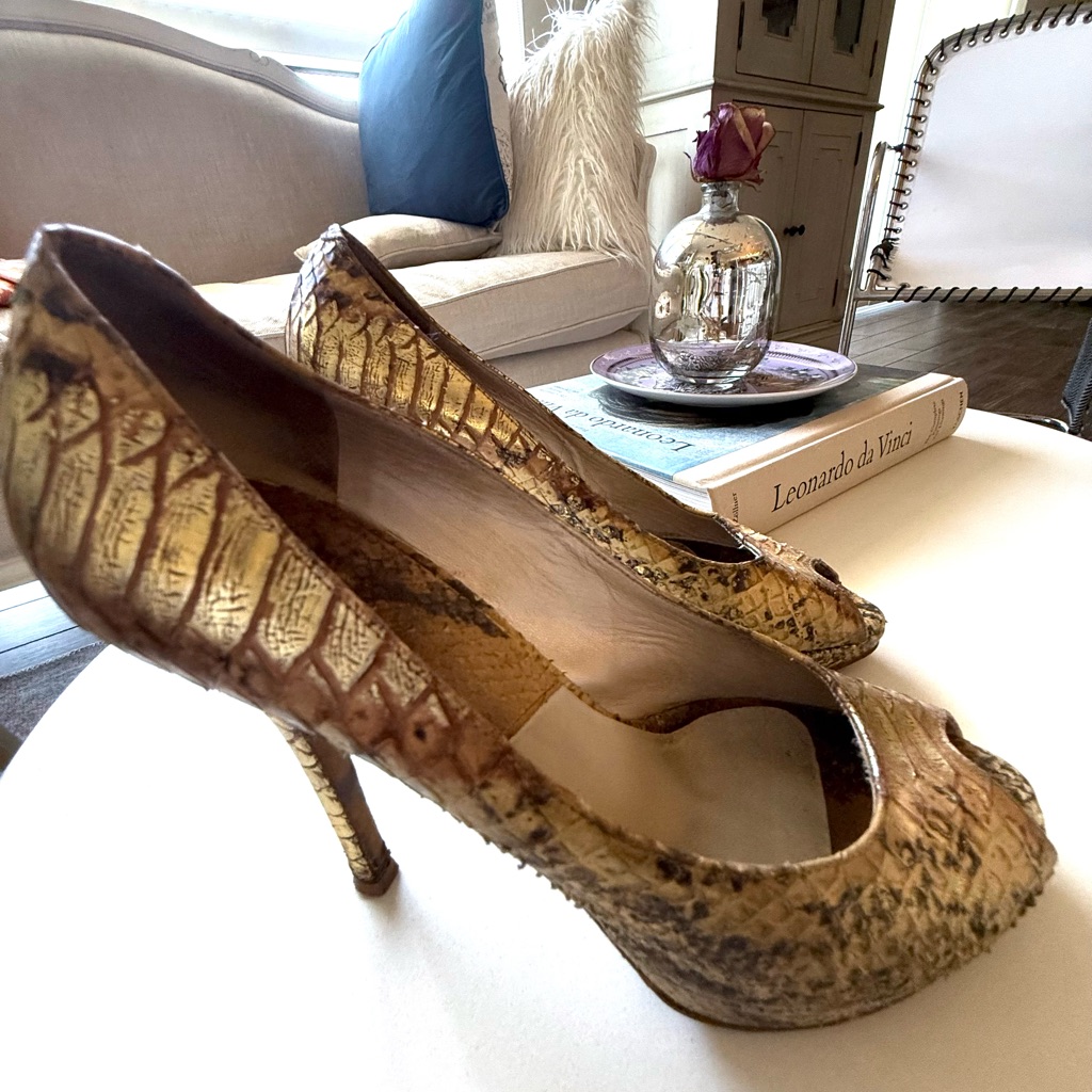 Dior Gold Python Peep-Toe Heels